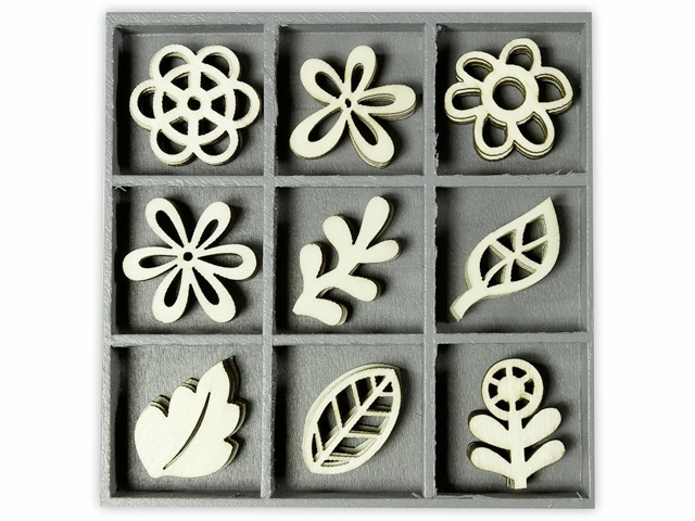 Dřevěné ozdoby v boxu 45ks - rostlinky