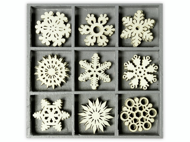Dřevěné ozdoby v boxu 45ks - vločky