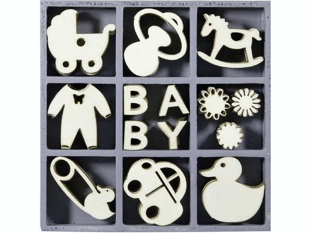 Dřevěné ozdoby v boxu 45ks - baby