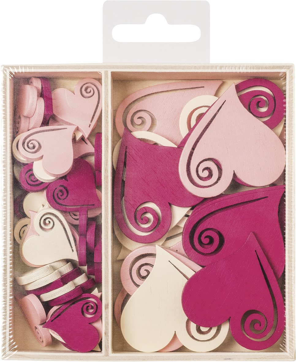 Dřevěné ozdoby v boxu 54 ks - srdce 