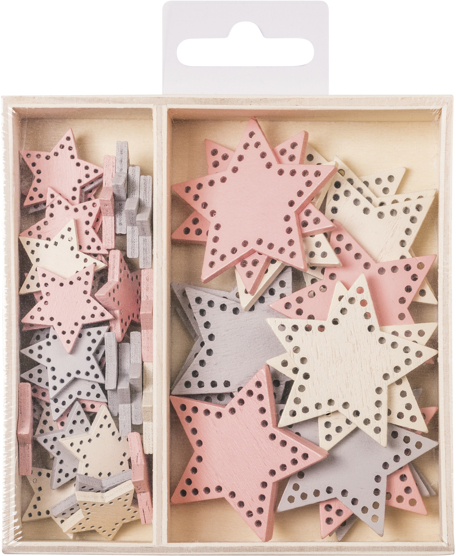 Dřevěné ozdoby v boxu 54 ks - hvězdičky