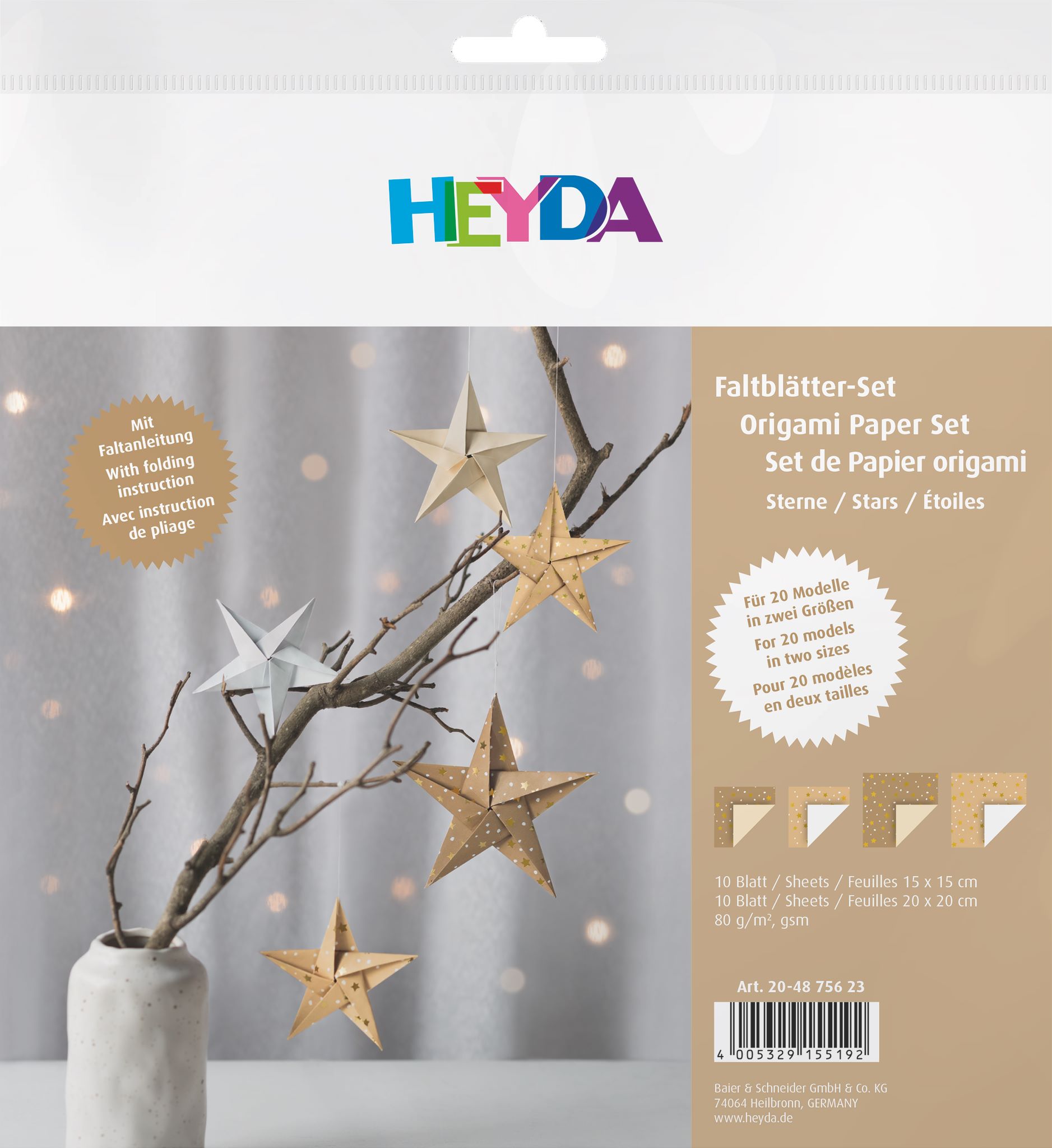 Sada origami papírů 20x20 a 15x15 hvězdy natur