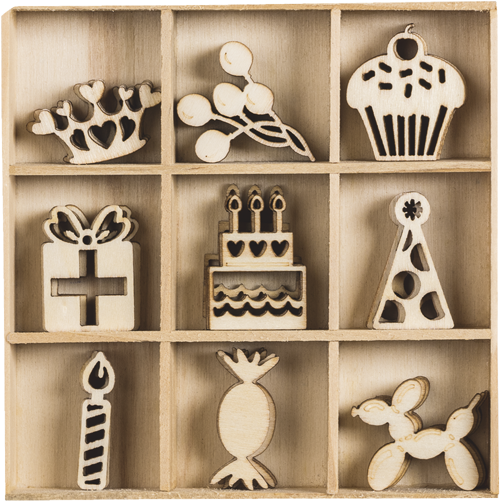 Dřevěné ozdoby v boxu 45ks - narozeniny