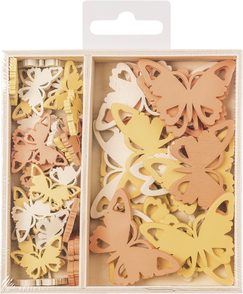 Dřevěné ozdoby v boxu 54 ks - motýlci