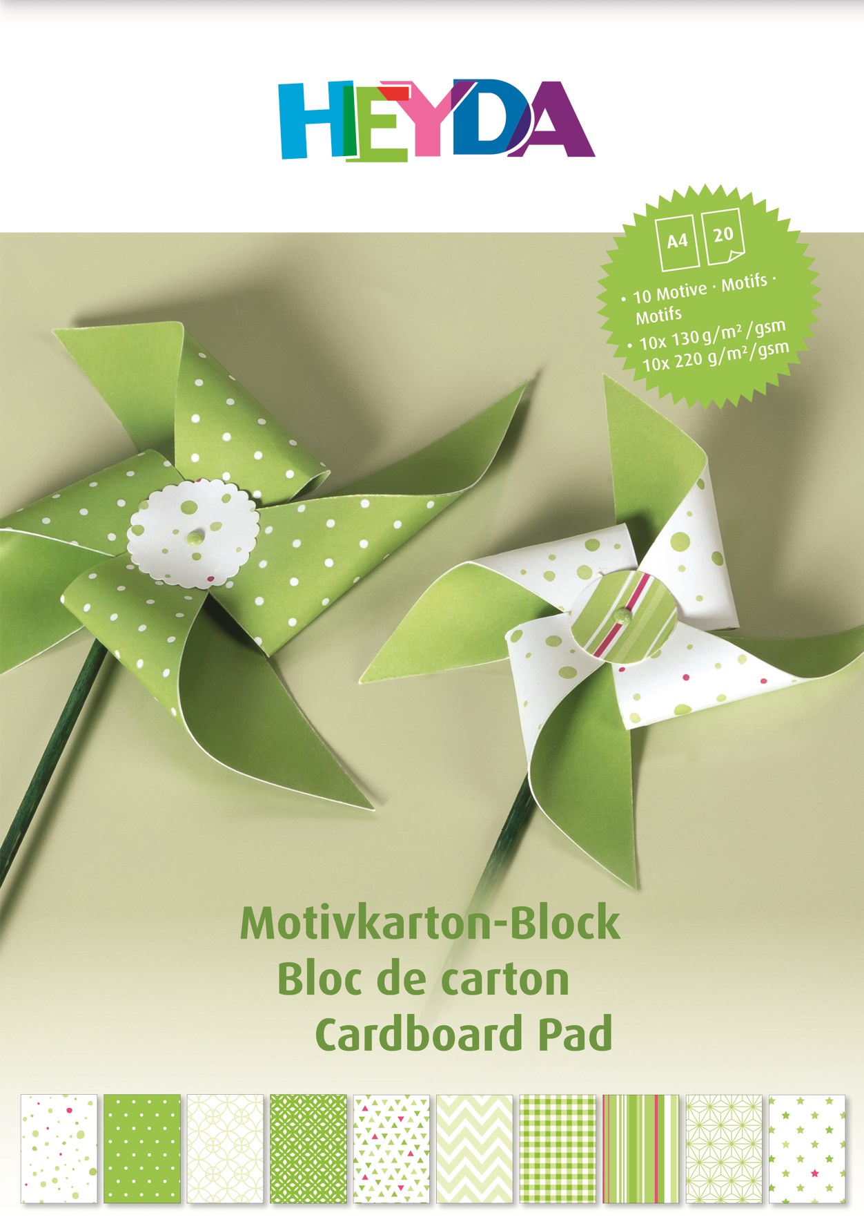 Blok barevných papírů A4 s motivy, 20 listů, zelený mix