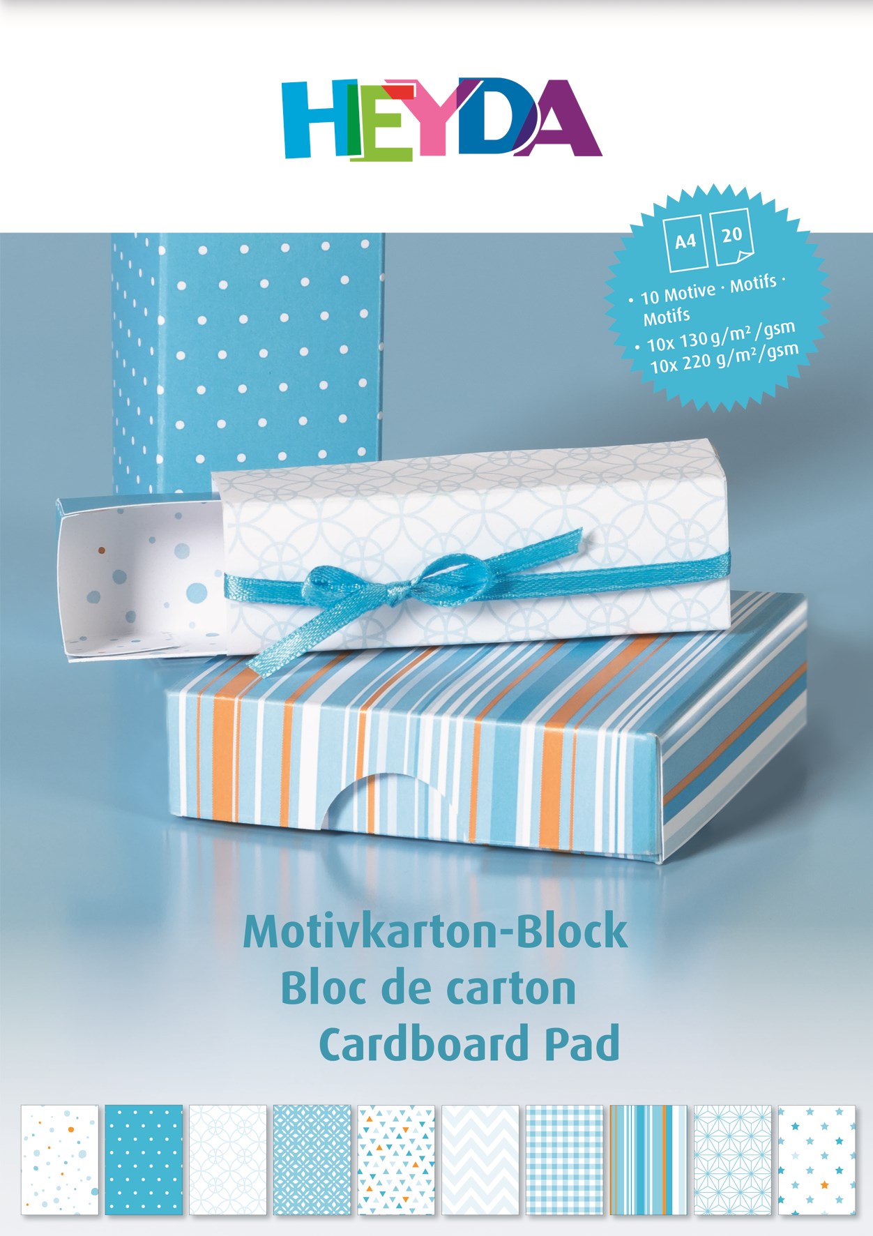 Blok barevných papírů A4 s motivy, 20 listů, modrý mix