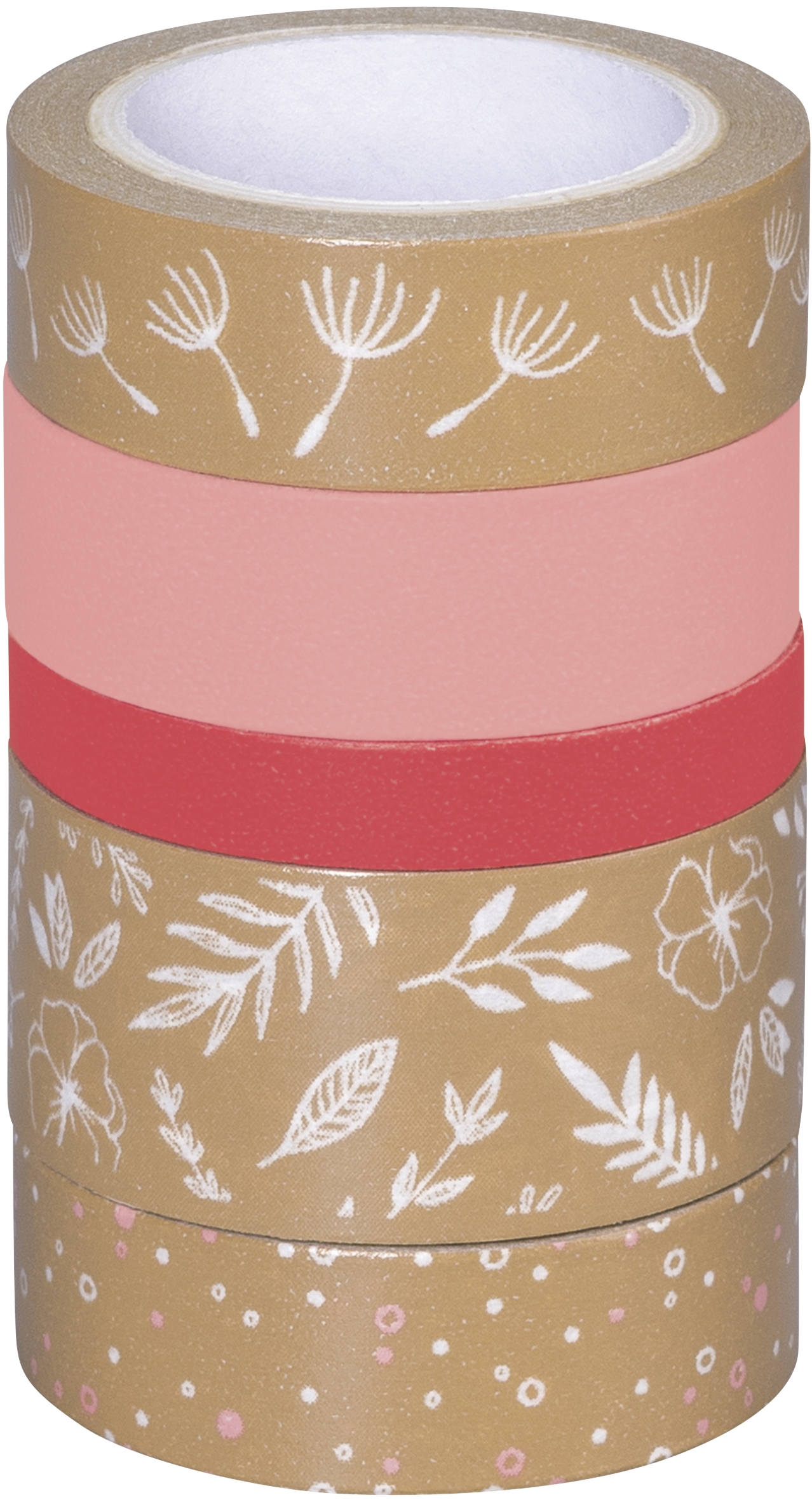 Páska lepicí papírová 5ks - natur lístky, růžová