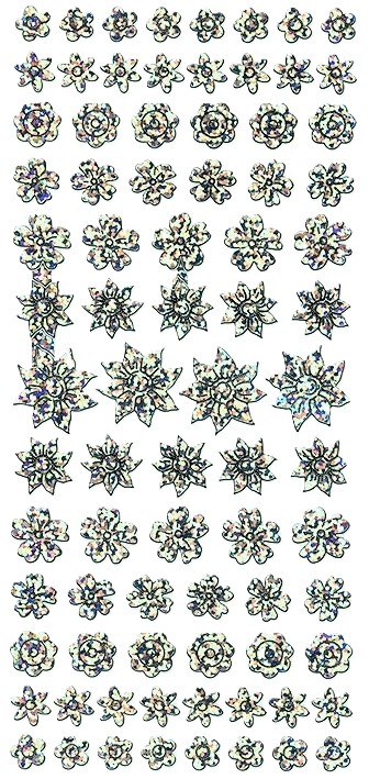 Obrysové samolepky 5ks, 10x23 cm - květy stříbrné, hologram