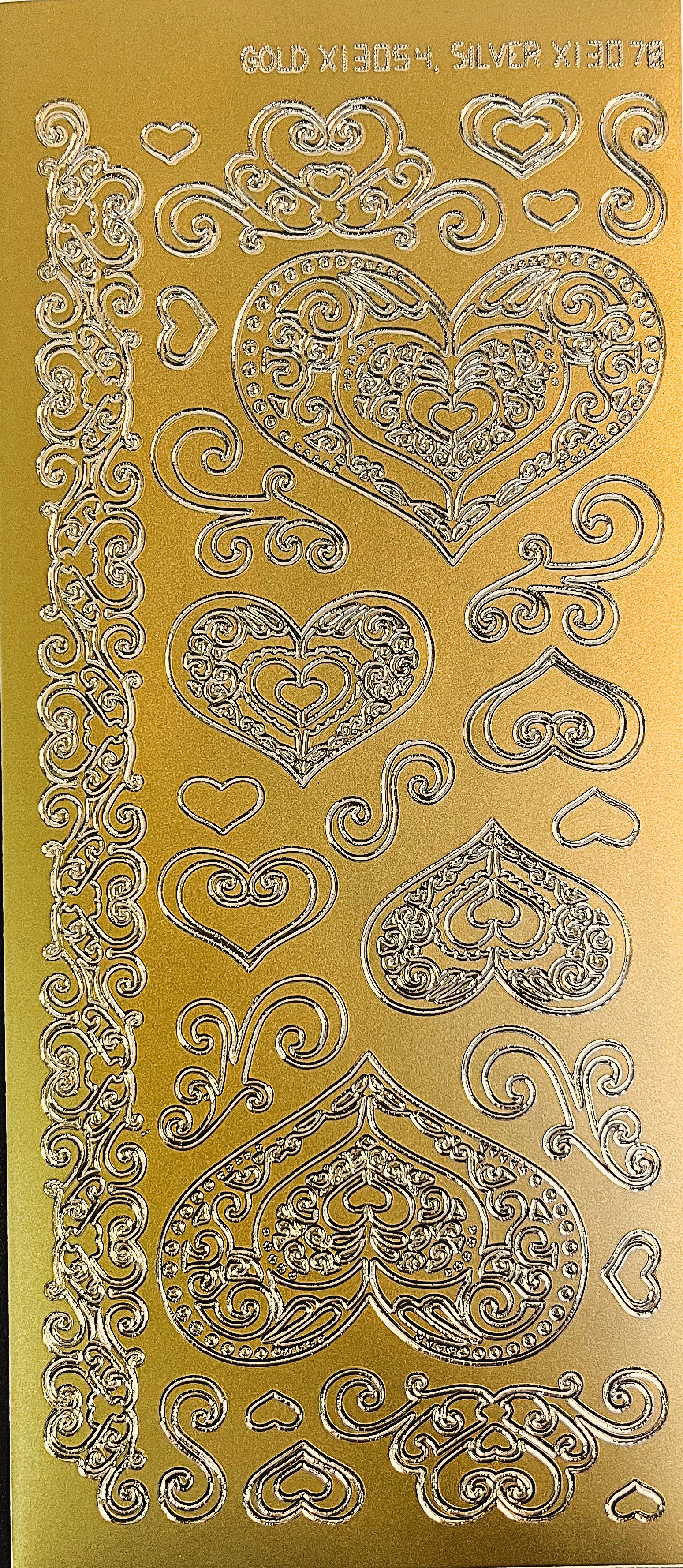 Obrysové samolepky 5ks, 10x23 cm - srdce+bordura, zlaté