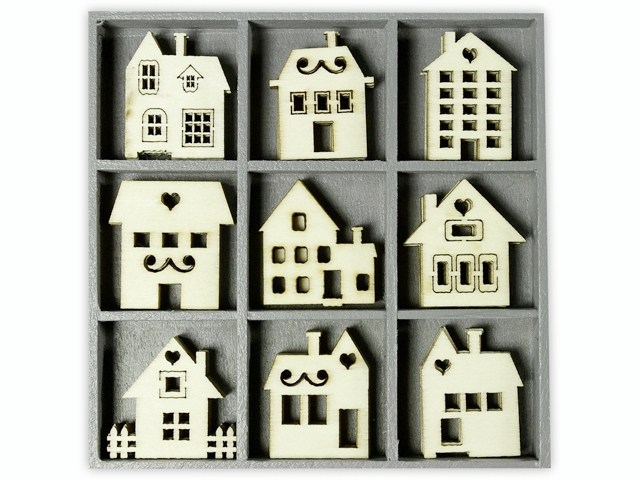 Dřevěné ozdoby v boxu 45ks - domečky