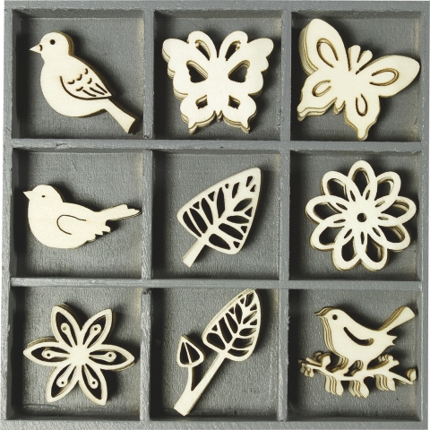 Dřevěné ozdoby v boxu 45ks - ptáčci