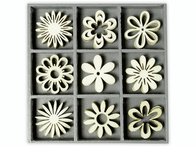 Dřevěné ozdoby v boxu 45ks - kytičky