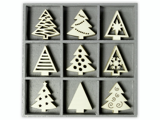 Dřevěné ozdoby v boxu 45ks - stromky