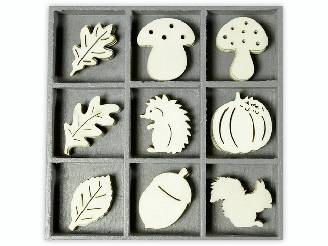 Dřevěné ozdoby v boxu 45ks - podzim