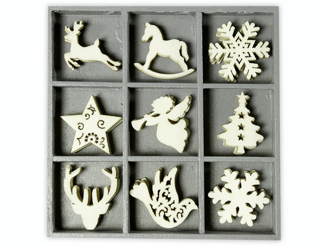 Dřevěné ozdoby v boxu 45ks - vánoce