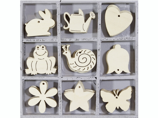 Dřevěné ozdoby v boxu 45ks - zvířátka