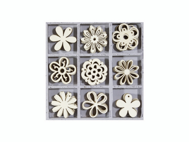 Dřevěné ozdoby v boxu 45ks - kytky