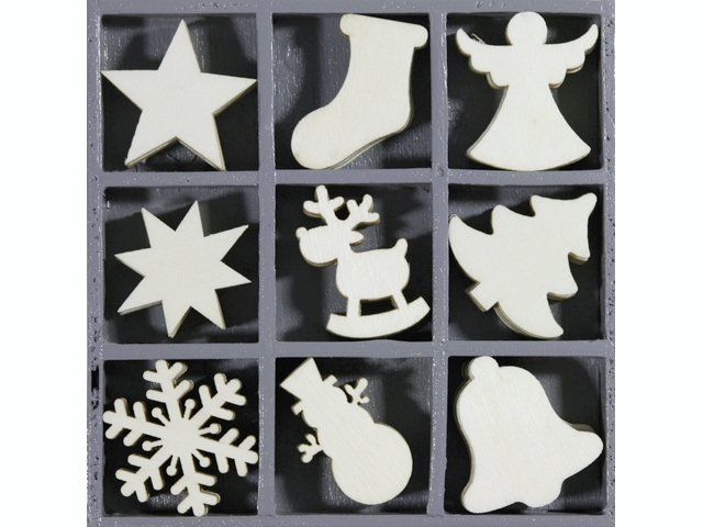 Dřevěné ozdoby v boxu 45ks - vánoce