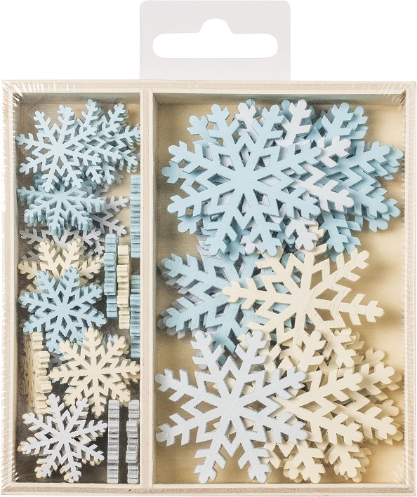 Dřevěné ozdoby v boxu 54 ks - vločky
