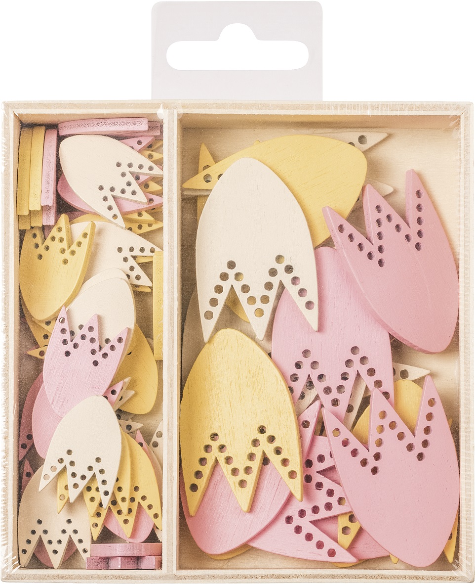 Dřevěné ozdoby v boxu 54 ks - tulipány