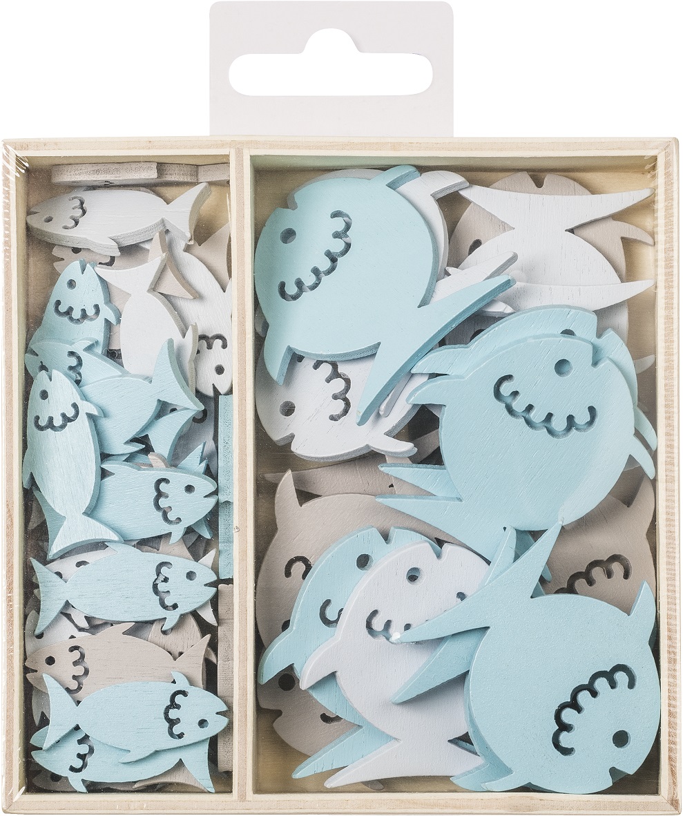 Dřevěné ozdoby v boxu 54 ks - rybičky
